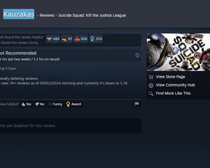 Чехарда с оценками Suicide Squad в Steam и удаление самого популярного негативного отзыва